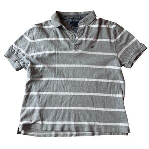 Tommy Hilfiger Grey White Striped Polo Shirt Size M Short Sleeve Classic Fit